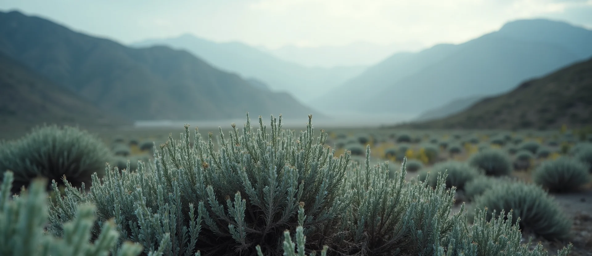 Symbolizing Flow/Cleansing: A local Sagebrush (Artemisia tridentata) raindrops on desert leaves. - AI Generated