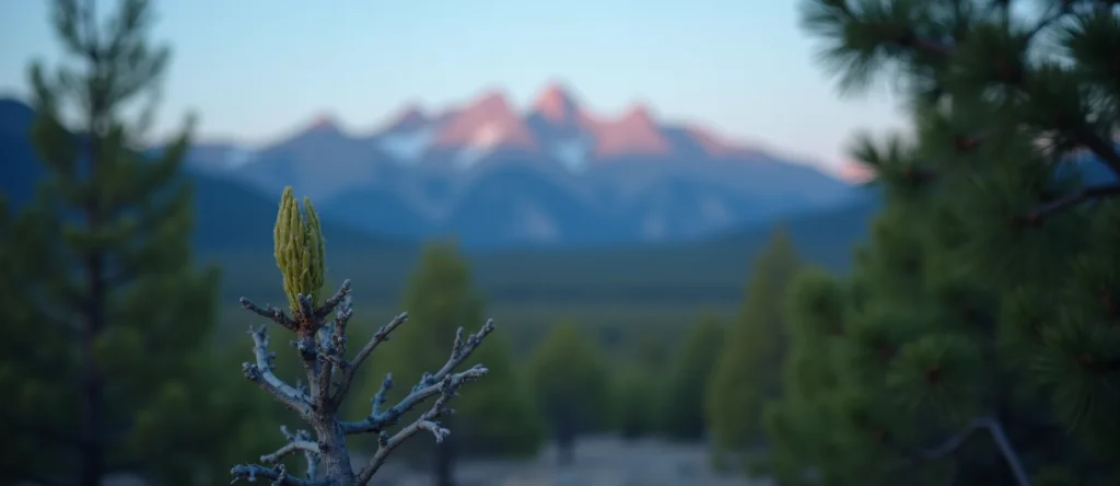 Symbolizing Seed/New Beginning: A local Ponderosa Pine new green bud on a branch. - AI Generated