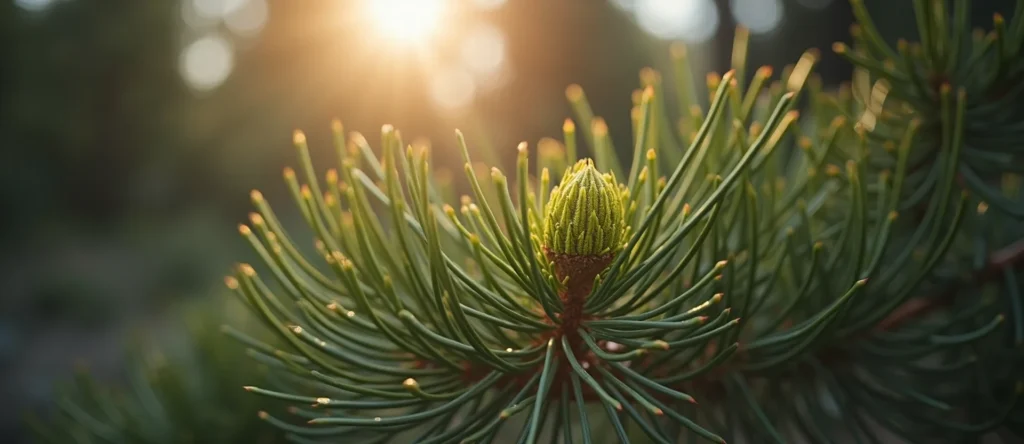 Symbolizing Seed/New Beginning: A local Ponderosa Pine new green bud on a branch. - AI Generated