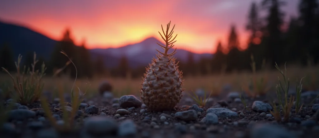 Symbolizing Seed/New Beginning: A local Sierra Juniper single pine seed on dry earth. - AI Generated