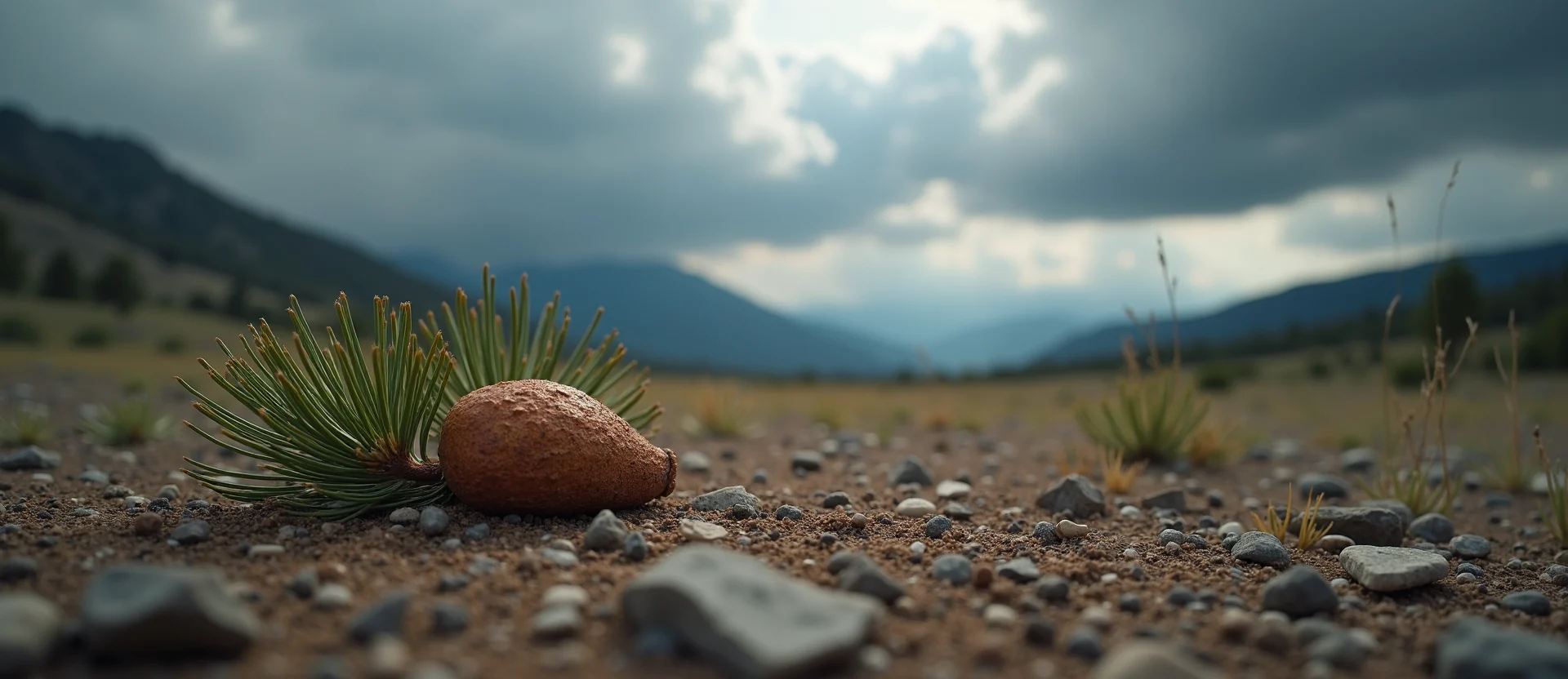 Symbolizing Seed/New Beginning: A local Indian Paintbrush single pine seed on dry earth. - AI Generated