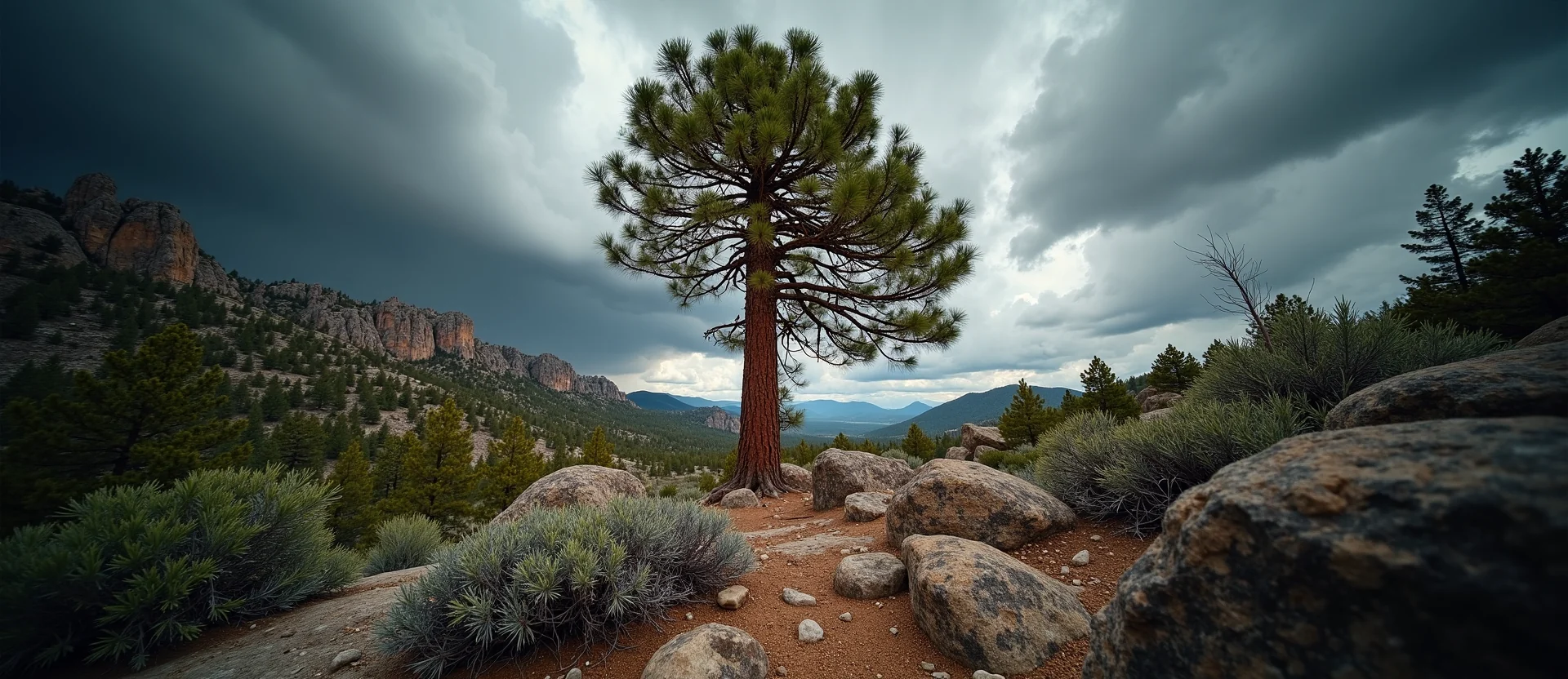 Symbolizing Growth/Resilience: A local Ponderosa Pine tree growing out of a rock cleft. - AI Generated