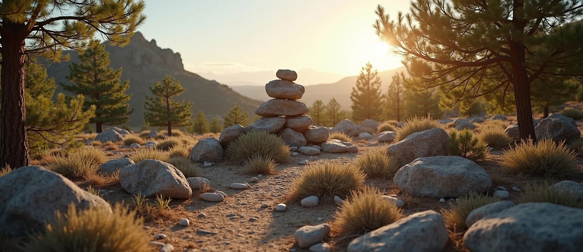 Symbolizing Stability/Peak: A local Manzanita ancient rock cairn. - AI Generated
