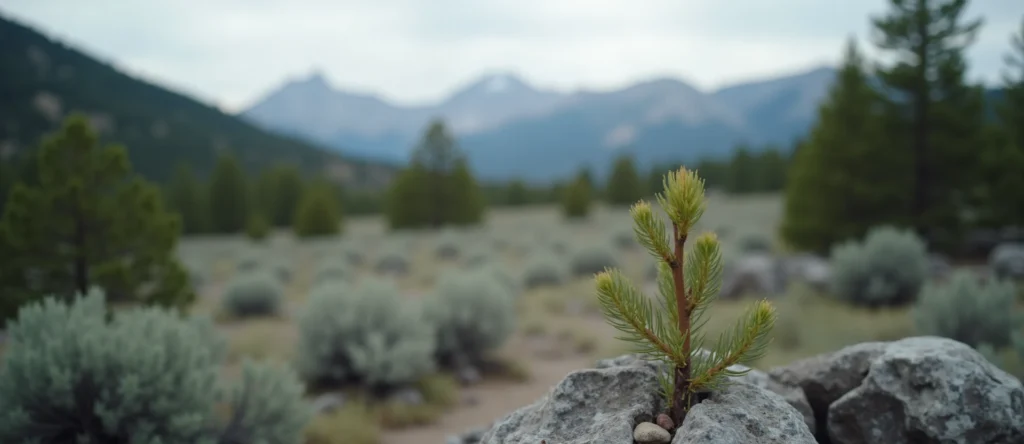 Symbolizing Seed/New Beginning: A local Ponderosa Pine new green bud on a branch. - AI Generated