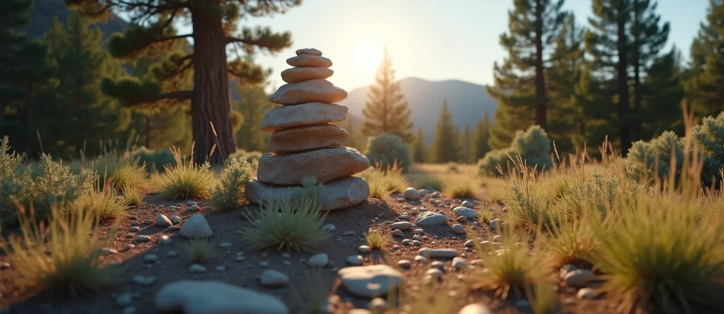 Symbolizing Stability/Peak: A local Ponderosa Pine ancient rock cairn. - AI Generated