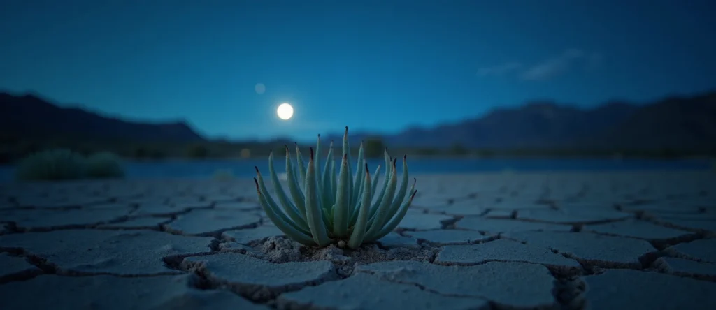 Symbolizing Seed/New Beginning: A local Desert Peach shoot emerging from cracked soil. - AI Generated