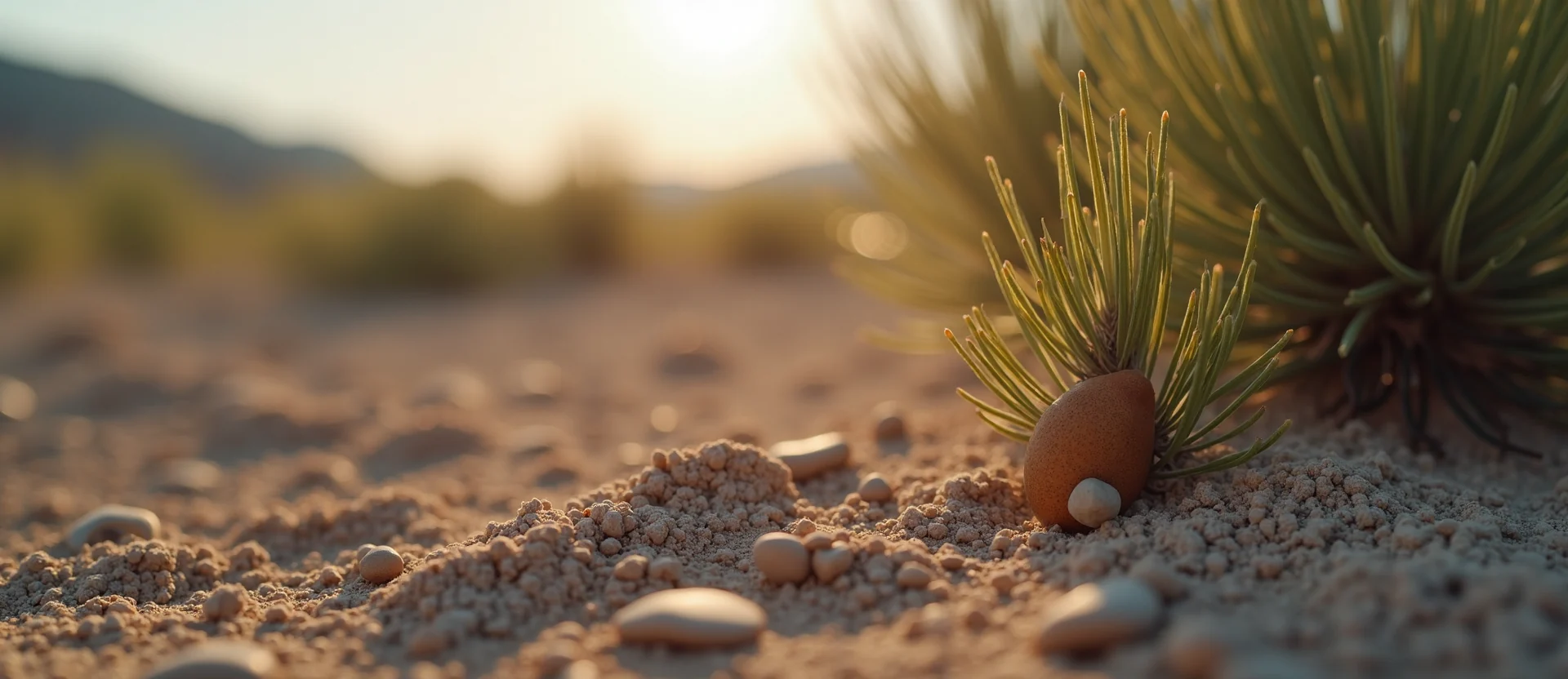 Symbolizing Seed/New Beginning: A local Rabbitbrush single pine seed on dry earth. - AI Generated