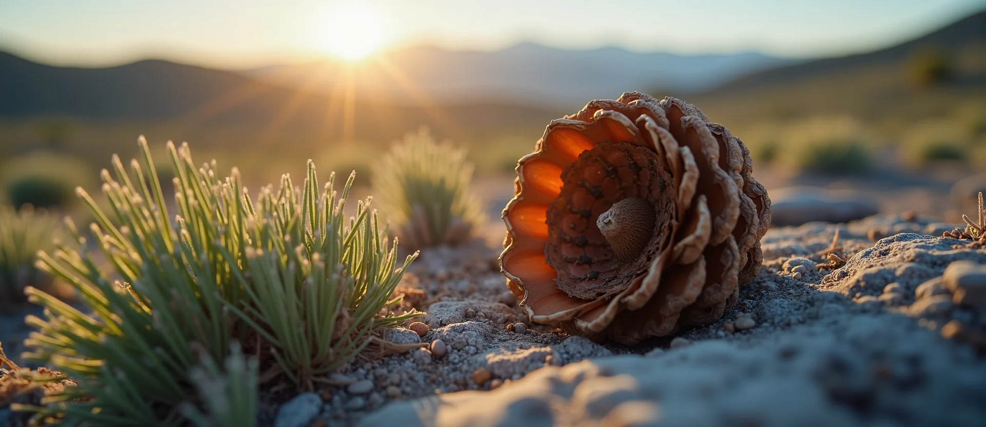 Symbolizing Seed/New Beginning: A local Bitterbrush opening pine cone. - AI Generated