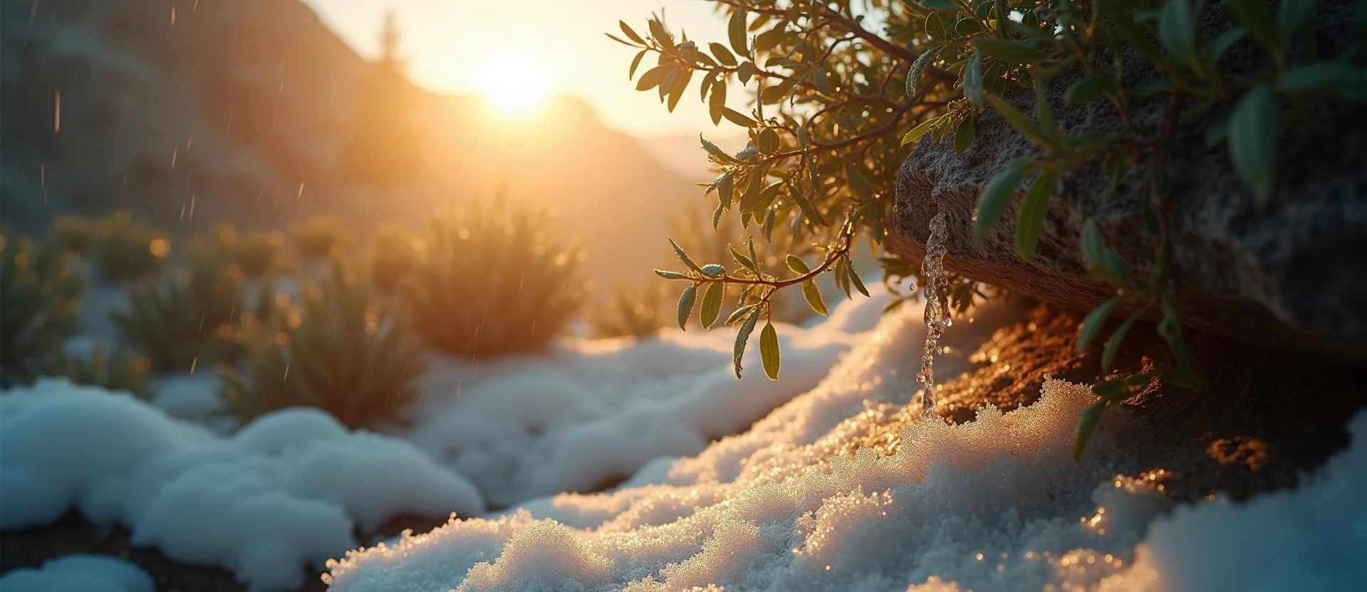Symbolizing Flow/Cleansing: A local Desert Peach raindrops on desert leaves. - AI Generated