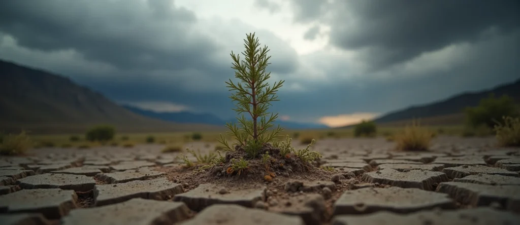 Symbolizing Seed/New Beginning: A local Rabbitbrush shoot emerging from cracked soil. - AI Generated