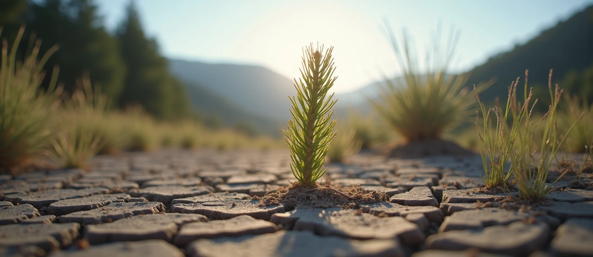 Symbolizing Seed/New Beginning: A local Rabbitbrush shoot emerging from cracked soil. - AI Generated