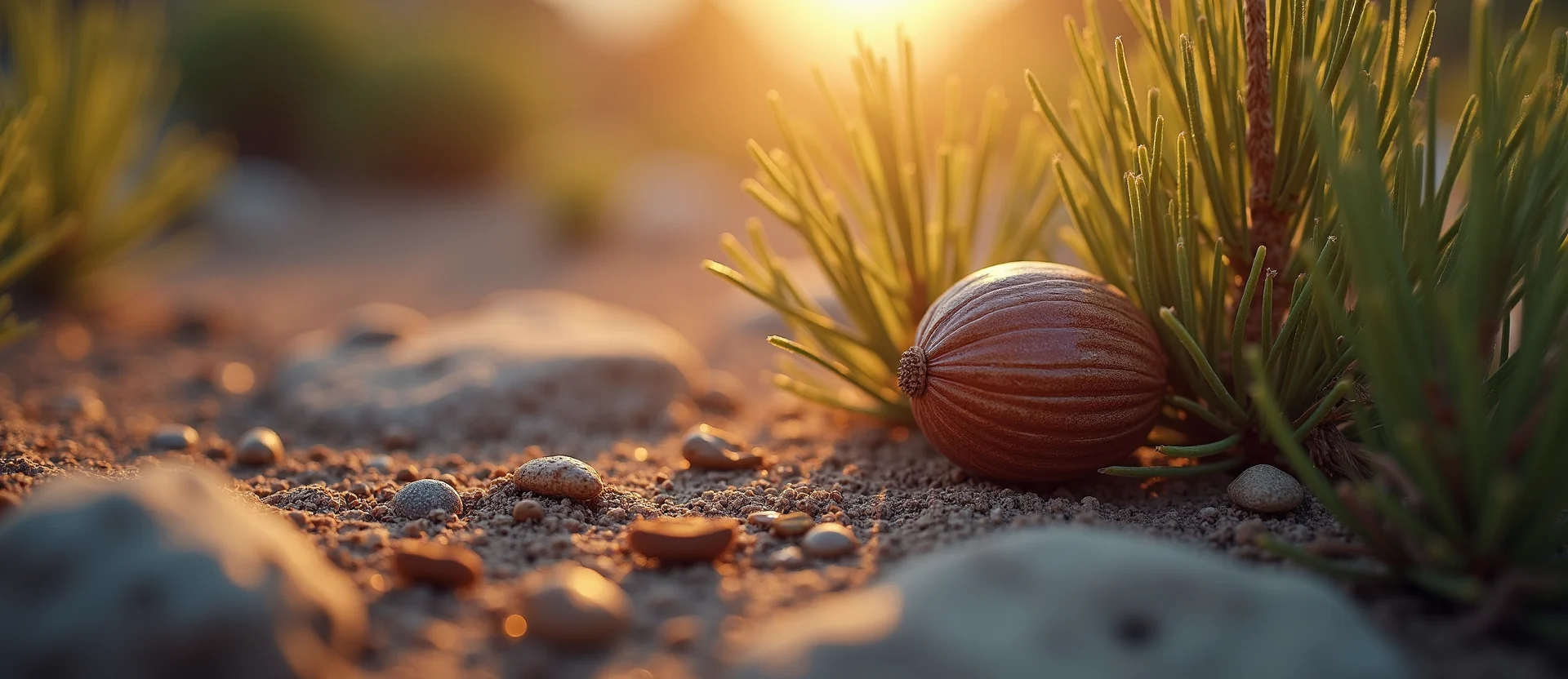 Symbolizing Seed/New Beginning: A local Desert Peach single pine seed on dry earth. - AI Generated