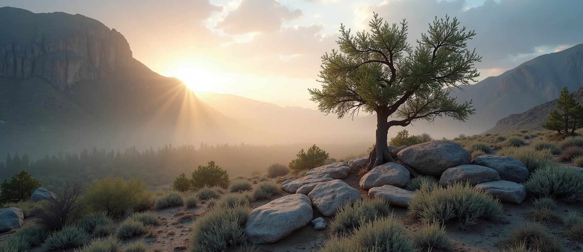 Symbolizing Growth/Resilience: A local Rabbitbrush tree growing out of a rock cleft. - AI Generated