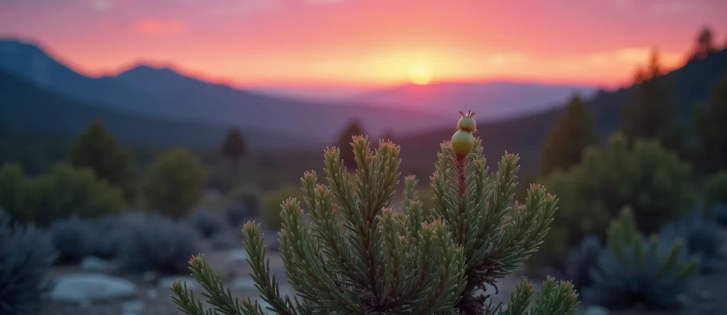 Symbolizing Seed/New Beginning: A local Sierra Juniper new green bud on a branch. - AI Generated