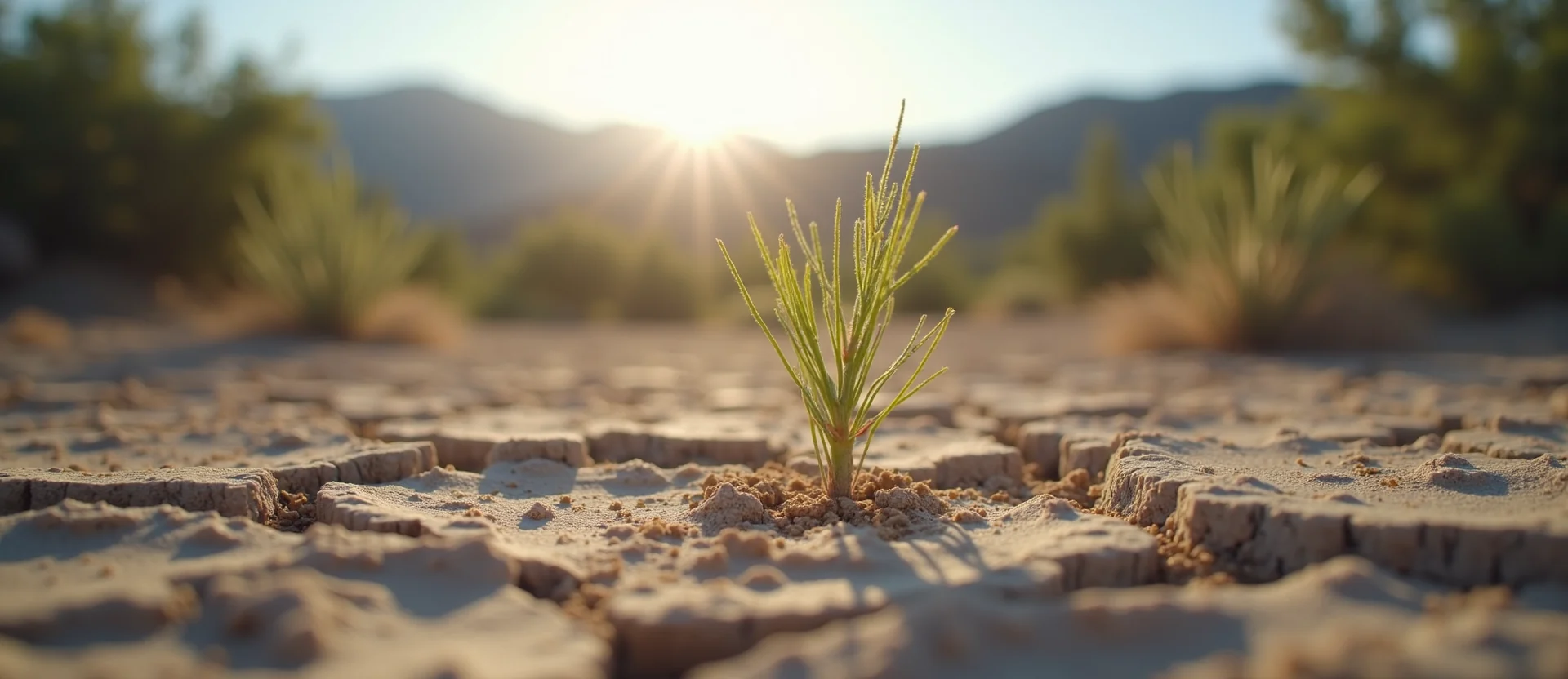 Symbolizing Seed/New Beginning: A local Sierra Juniper shoot emerging from cracked soil. - AI Generated