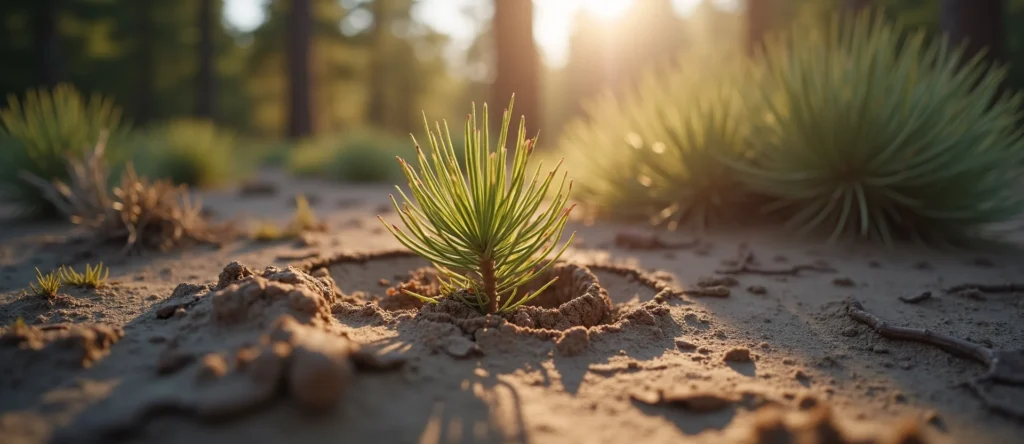 Symbolizing Seed/New Beginning: A local Rabbitbrush shoot emerging from cracked soil. - AI Generated
