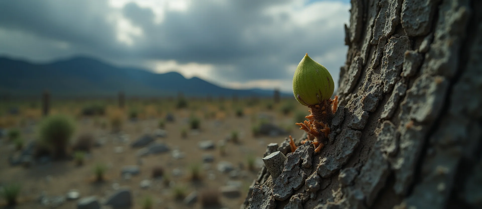 Symbolizing Seed/New Beginning: A local Desert Peach new green bud on a branch. - AI Generated