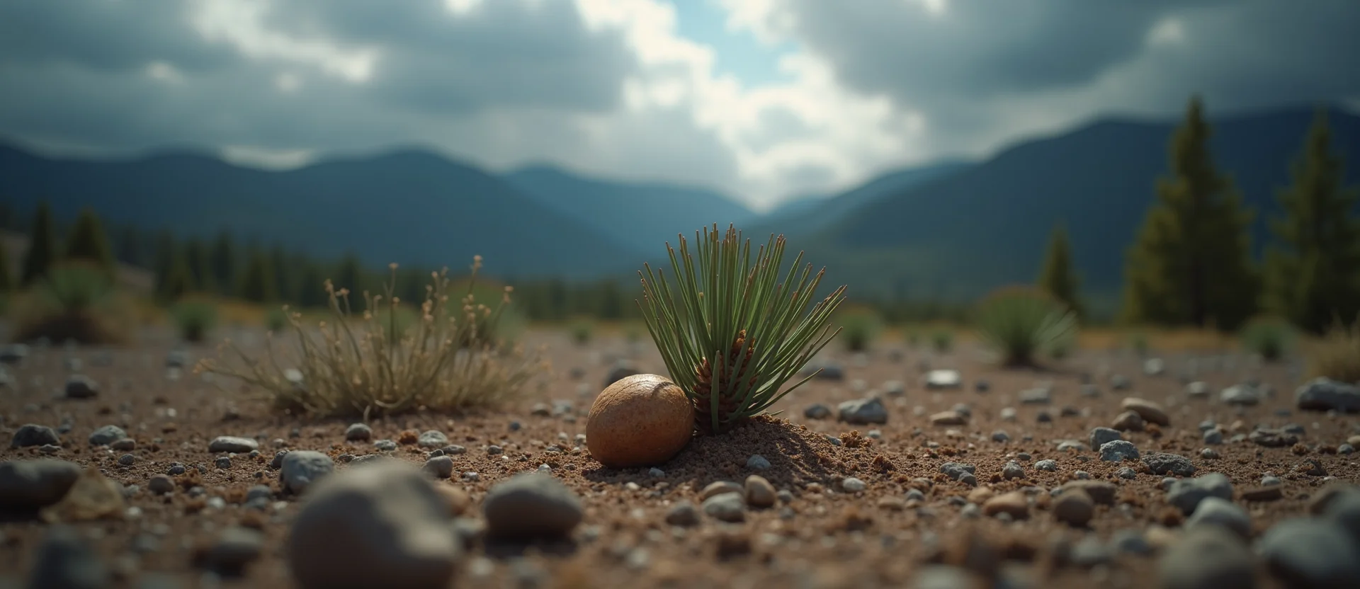 Symbolizing Seed/New Beginning: A local Desert Peach single pine seed on dry earth. - AI Generated