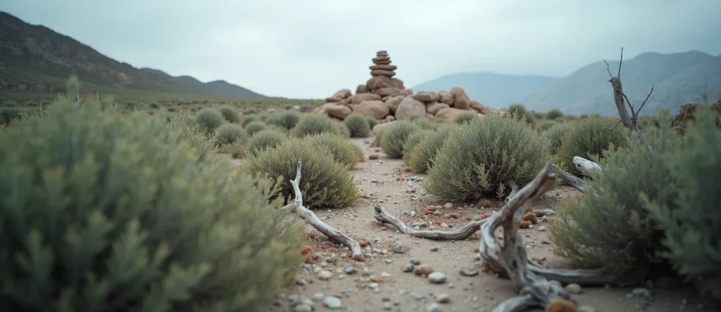 Symbolizing Stability/Peak: A local Desert Peach ancient rock cairn. - AI Generated