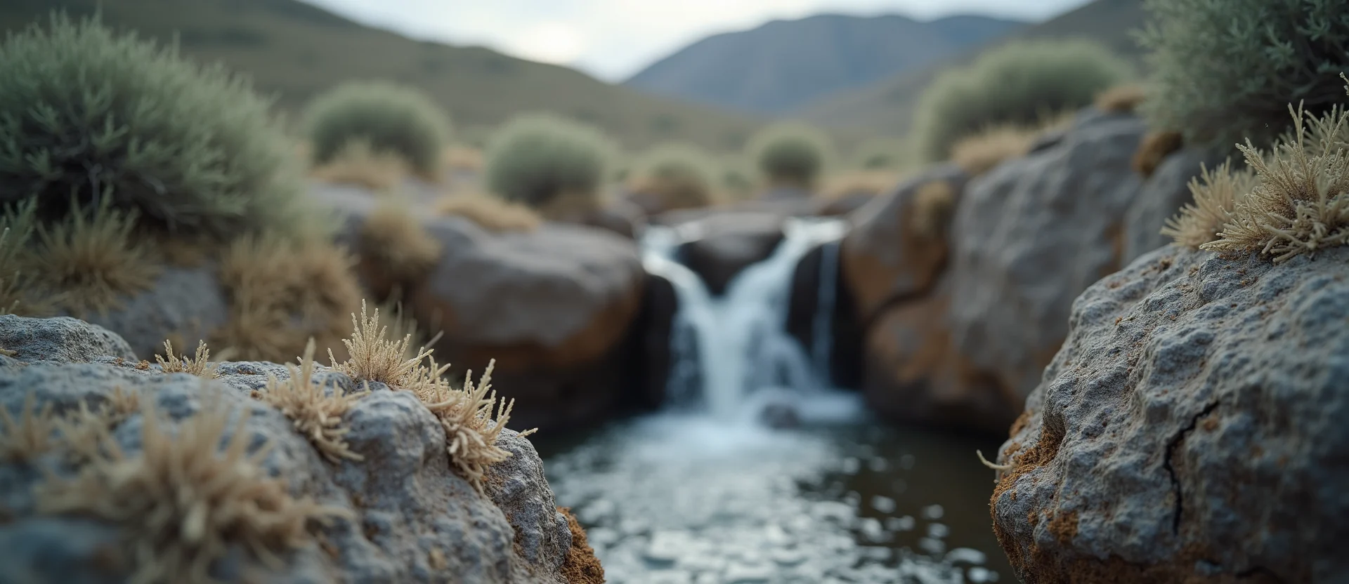Symbolizing Flow/Cleansing: A local Rabbitbrush hidden small waterfall. - AI Generated
