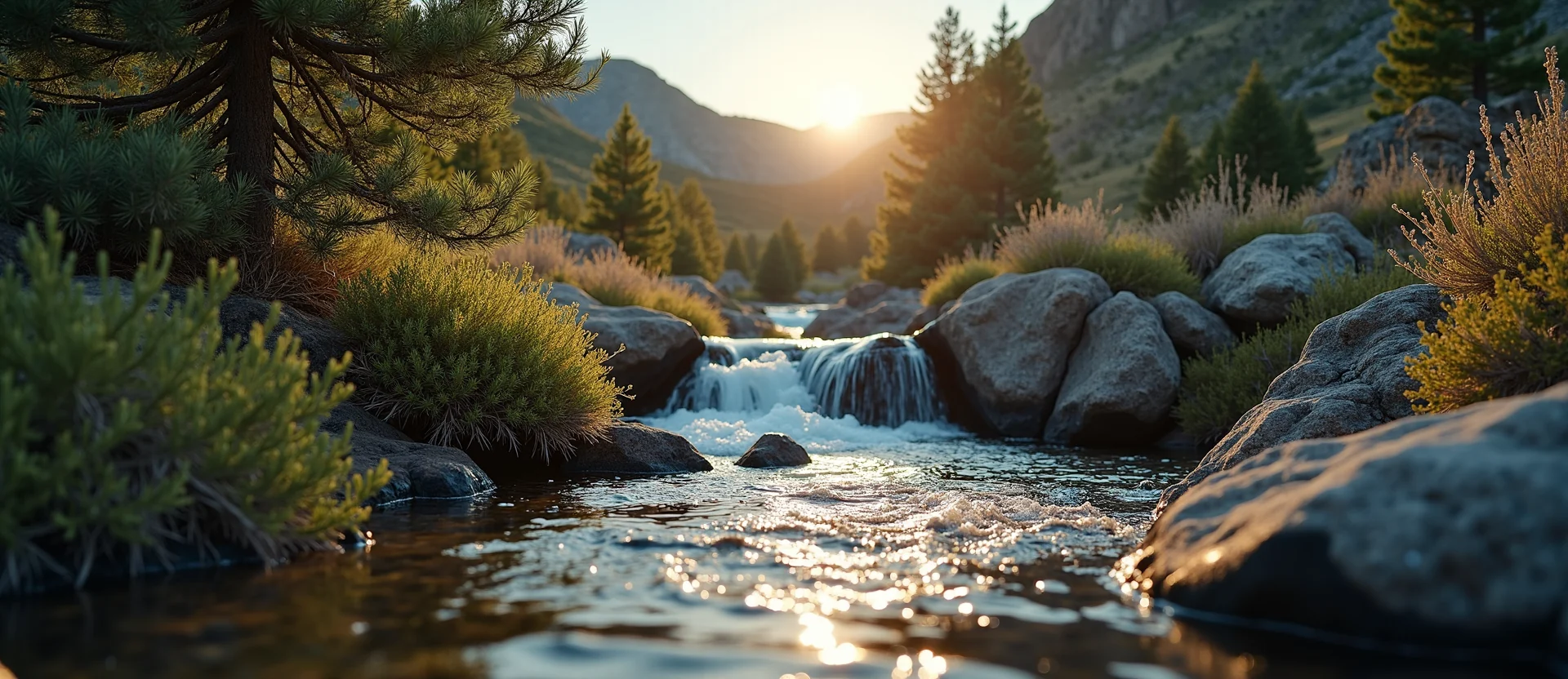 Symbolizing Flow/Cleansing: A local Rabbitbrush hidden small waterfall. - AI Generated