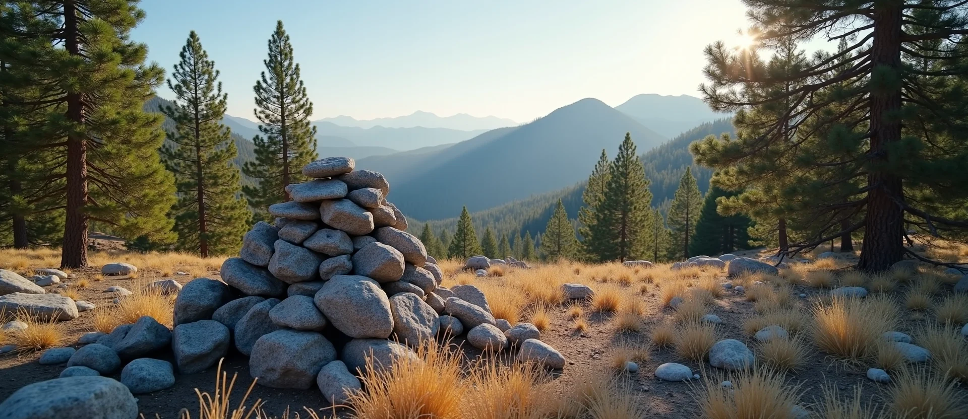 Symbolizing Stability/Peak: A local Ponderosa Pine ancient rock cairn. - AI Generated