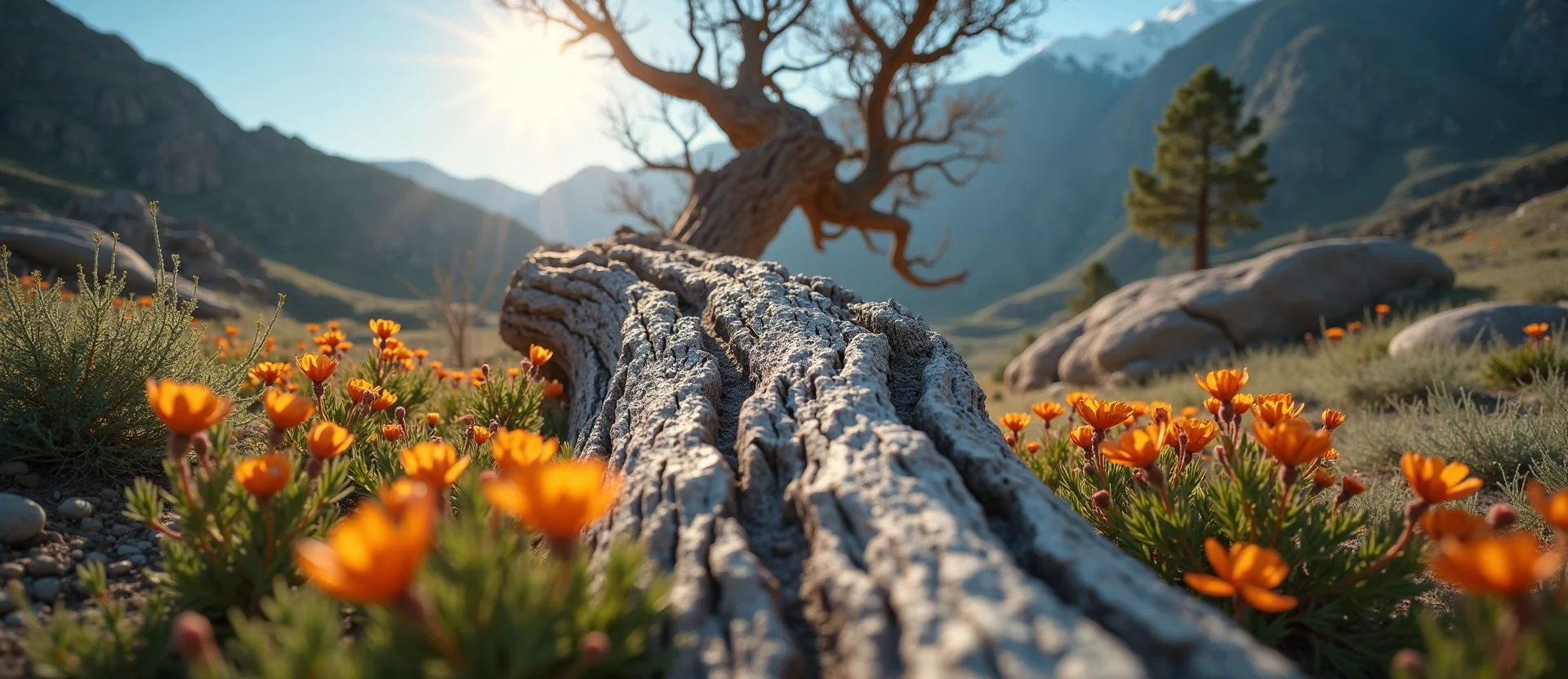 Symbolizing Growth/Resilience: A local Indian Paintbrush sturdy weathered tree trunk. - AI Generated
