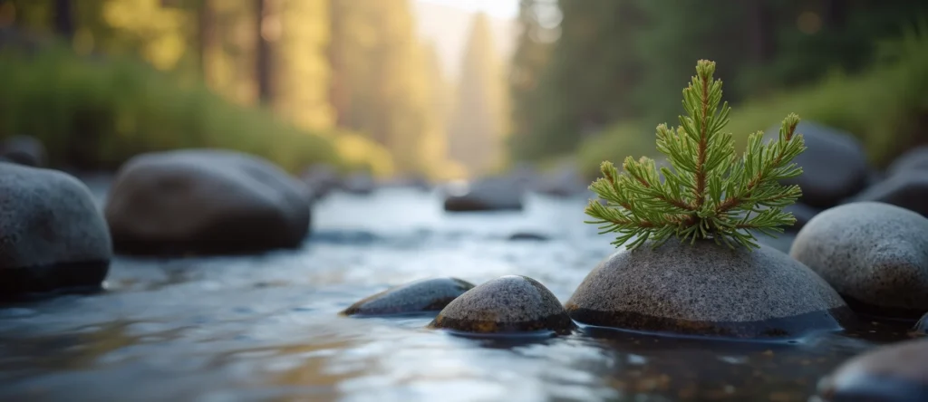 Symbolizing Flow/Cleansing: A local Sierra Juniper smooth Truckee river stones. - AI Generated
