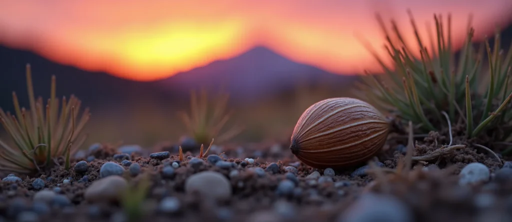 Symbolizing Seed/New Beginning: A local Sagebrush (Artemisia tridentata) single pine seed on dry earth. - AI Generated