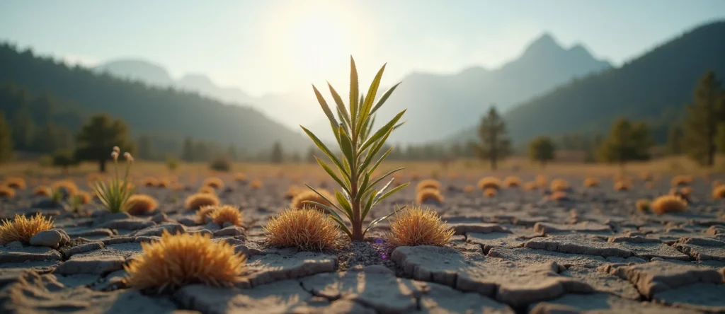 Symbolizing Seed/New Beginning: A local Indian Paintbrush shoot emerging from cracked soil. - AI Generated
