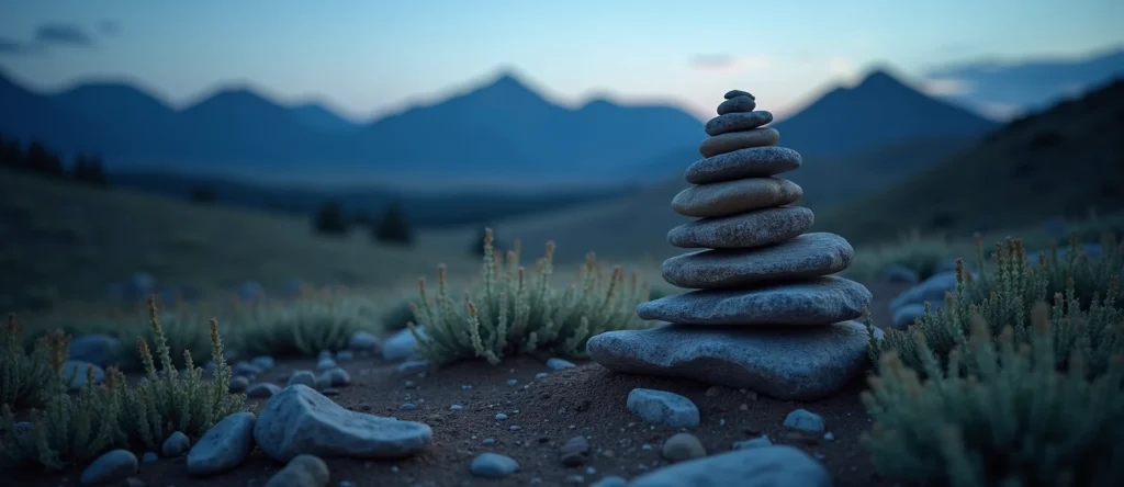 Symbolizing Stability/Peak: A local Indian Paintbrush ancient rock cairn. - AI Generated