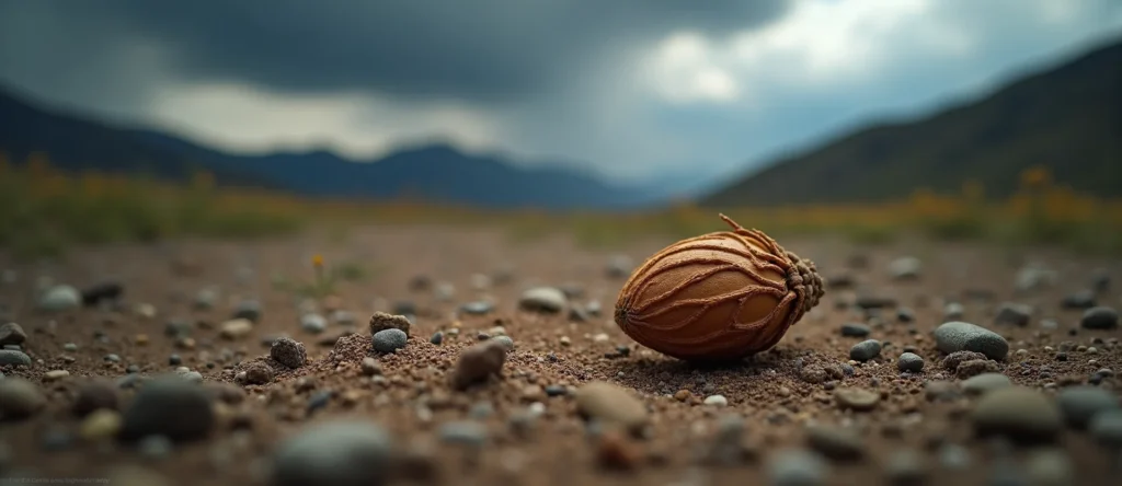 Symbolizing Seed/New Beginning: A local Indian Paintbrush single pine seed on dry earth. - AI Generated