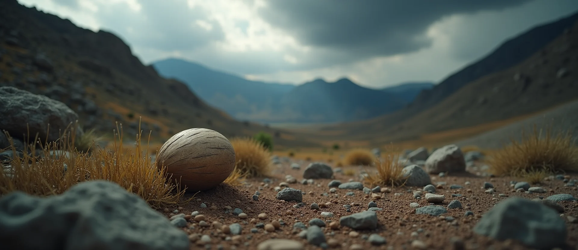 Symbolizing Seed/New Beginning: A local Indian Paintbrush single pine seed on dry earth. - AI Generated