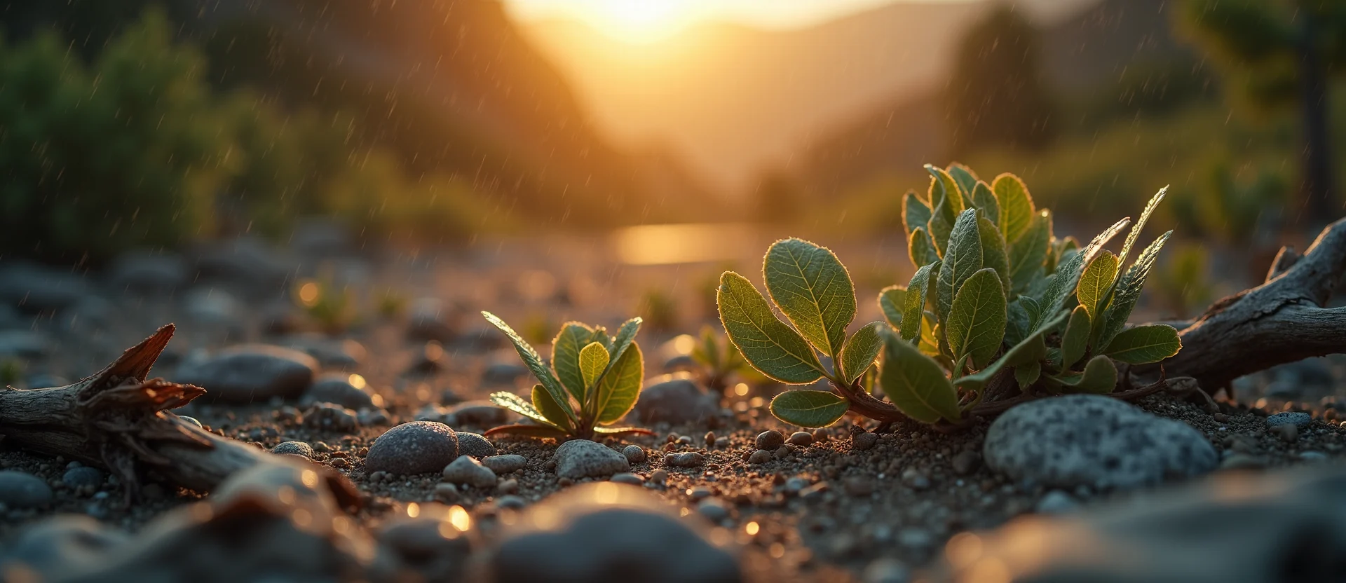 Symbolizing Flow/Cleansing: A local Mountain Mahogany raindrops on desert leaves. - AI Generated