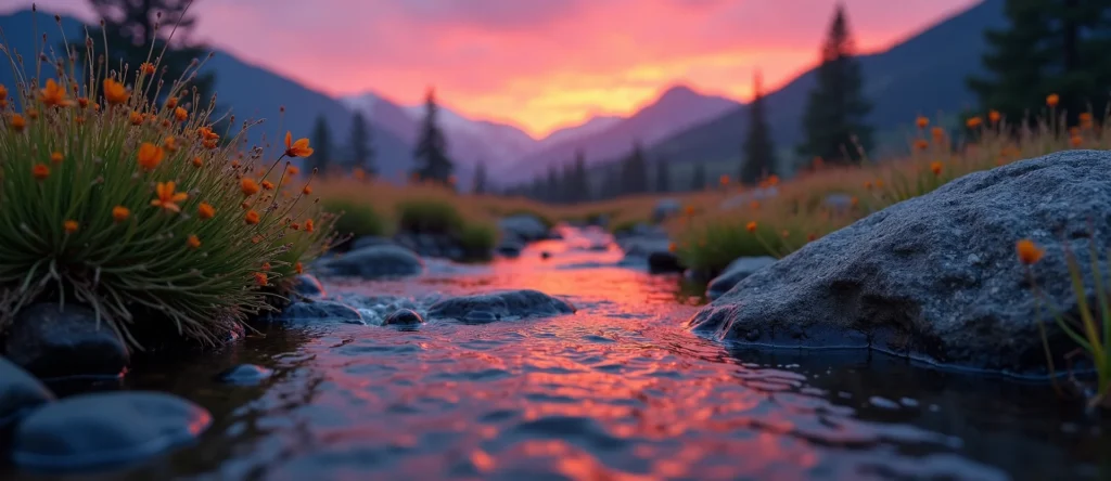 Symbolizing Flow/Cleansing: A local Indian Paintbrush babbling mountain creek. - AI Generated