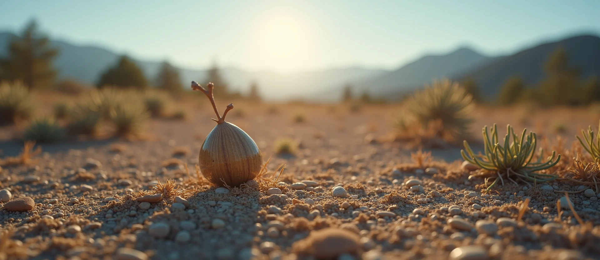 Symbolizing Seed/New Beginning: A local Sierra Juniper single pine seed on dry earth. - AI Generated