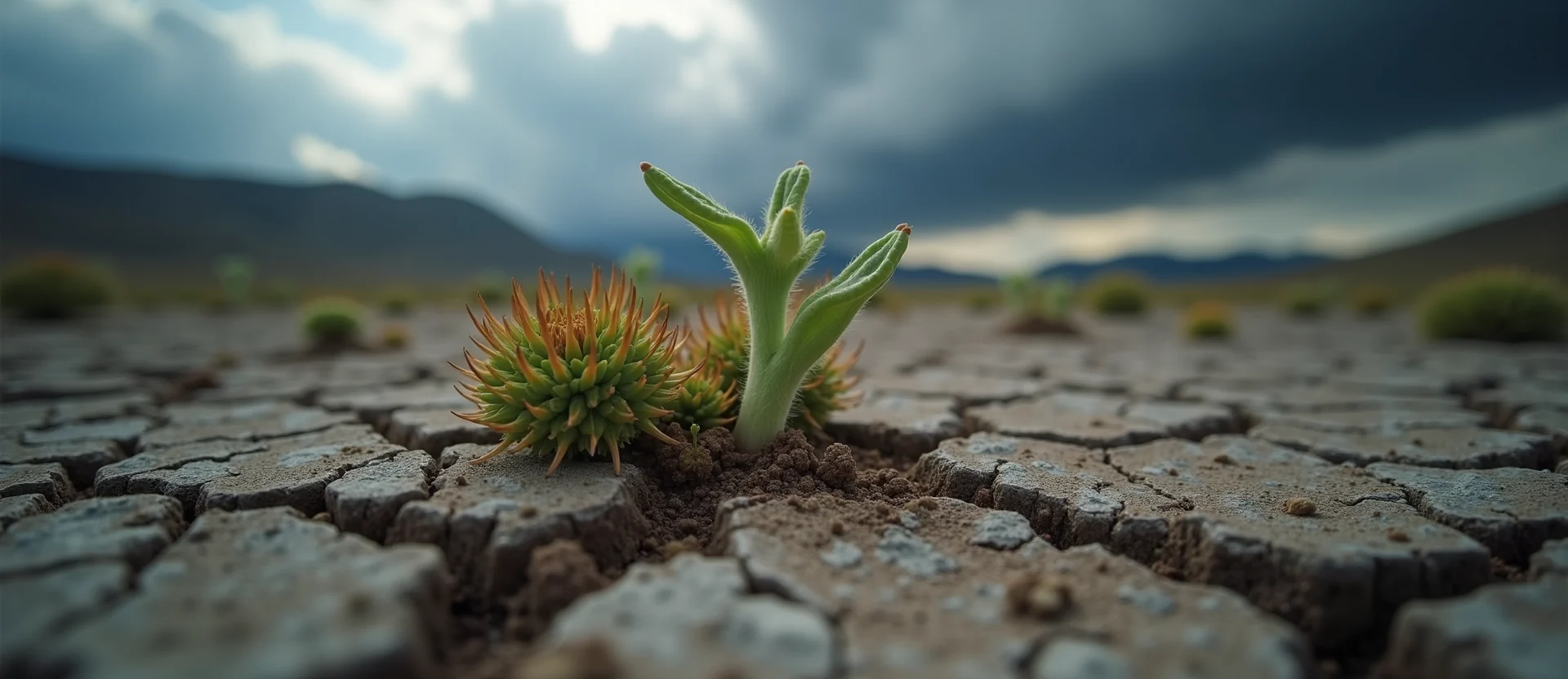 Symbolizing Seed/New Beginning: A local Indian Paintbrush shoot emerging from cracked soil. - AI Generated