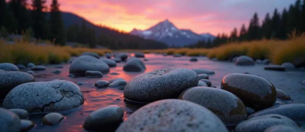 Symbolizing Flow/Cleansing: A local Quaking Aspen smooth Truckee river stones. - AI Generated