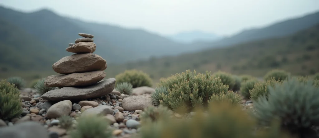Symbolizing Stability/Peak: A local Rabbitbrush ancient rock cairn. - AI Generated