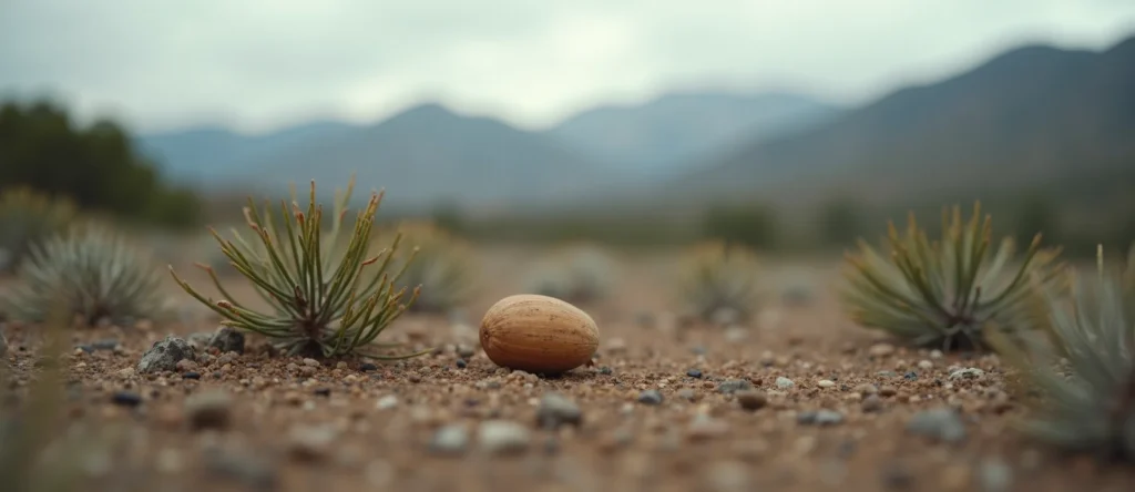 Symbolizing Seed/New Beginning: A local Mountain Mahogany single pine seed on dry earth. - AI Generated