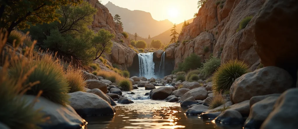 Symbolizing Flow/Cleansing: A local Desert Peach hidden small waterfall. - AI Generated