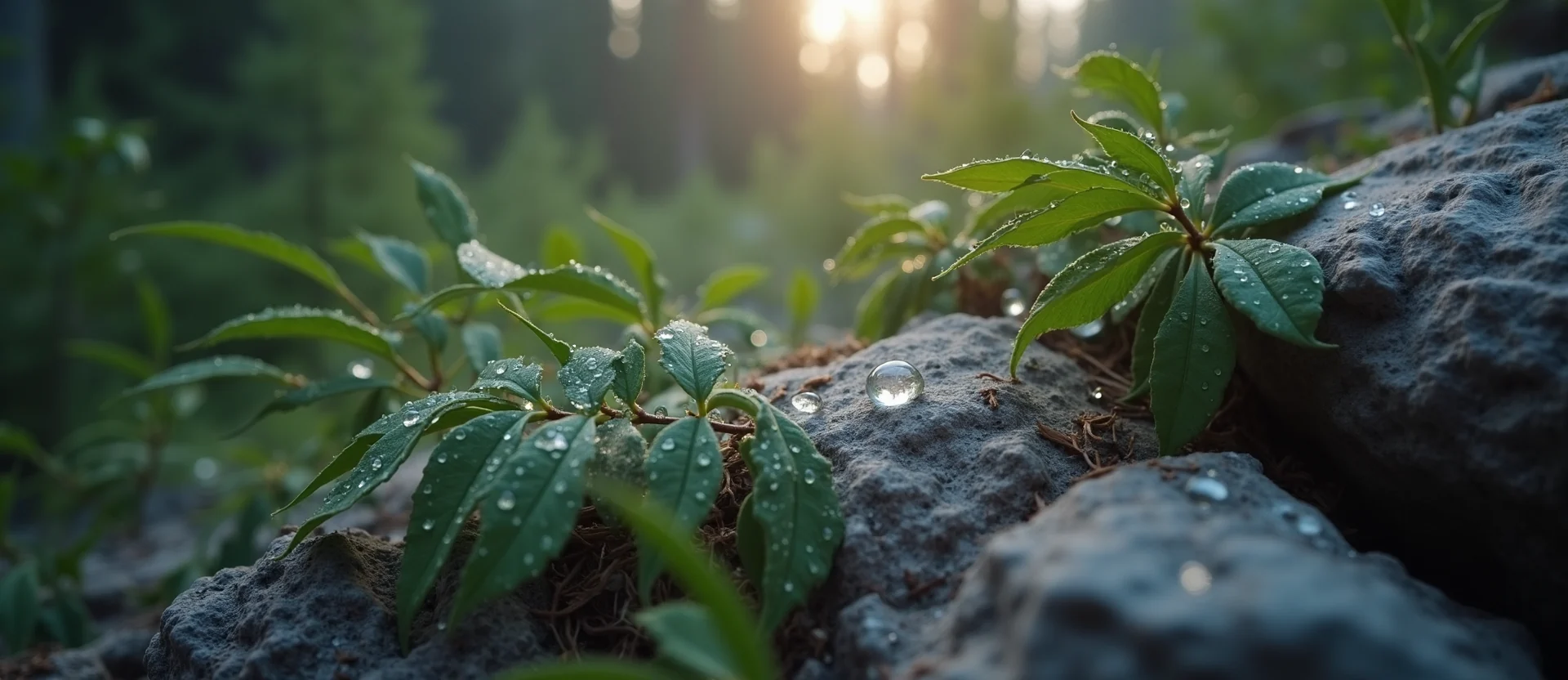 Symbolizing Flow/Cleansing: A local Ponderosa Pine raindrops on desert leaves. - AI Generated