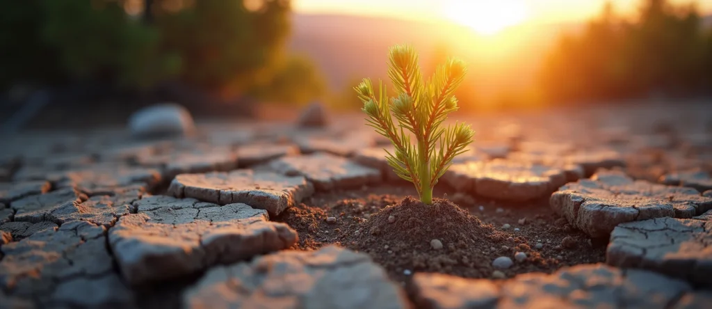 Symbolizing Seed/New Beginning: A local Sierra Juniper shoot emerging from cracked soil. - AI Generated