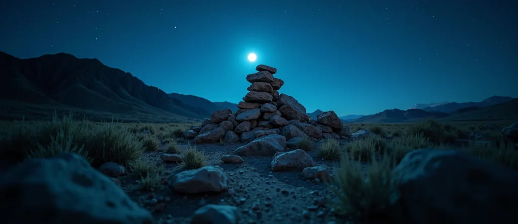 Symbolizing Stability/Peak: A local Desert Peach ancient rock cairn. - AI Generated