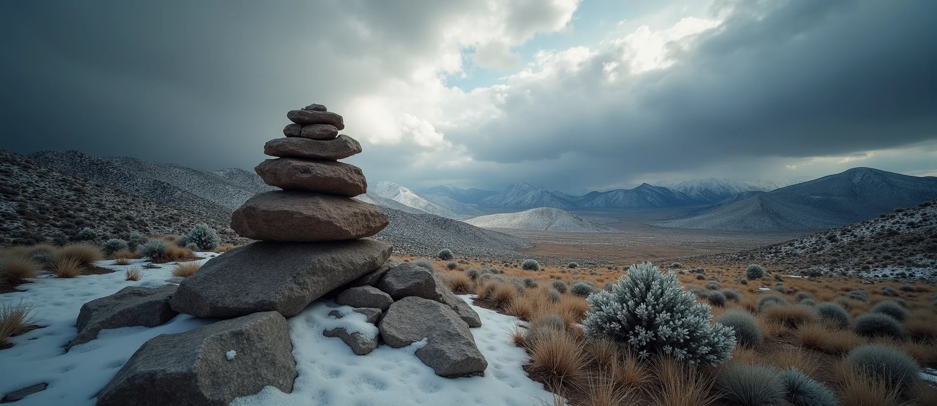 Symbolizing Stability/Peak: A local Sierra Juniper ancient rock cairn. - AI Generated