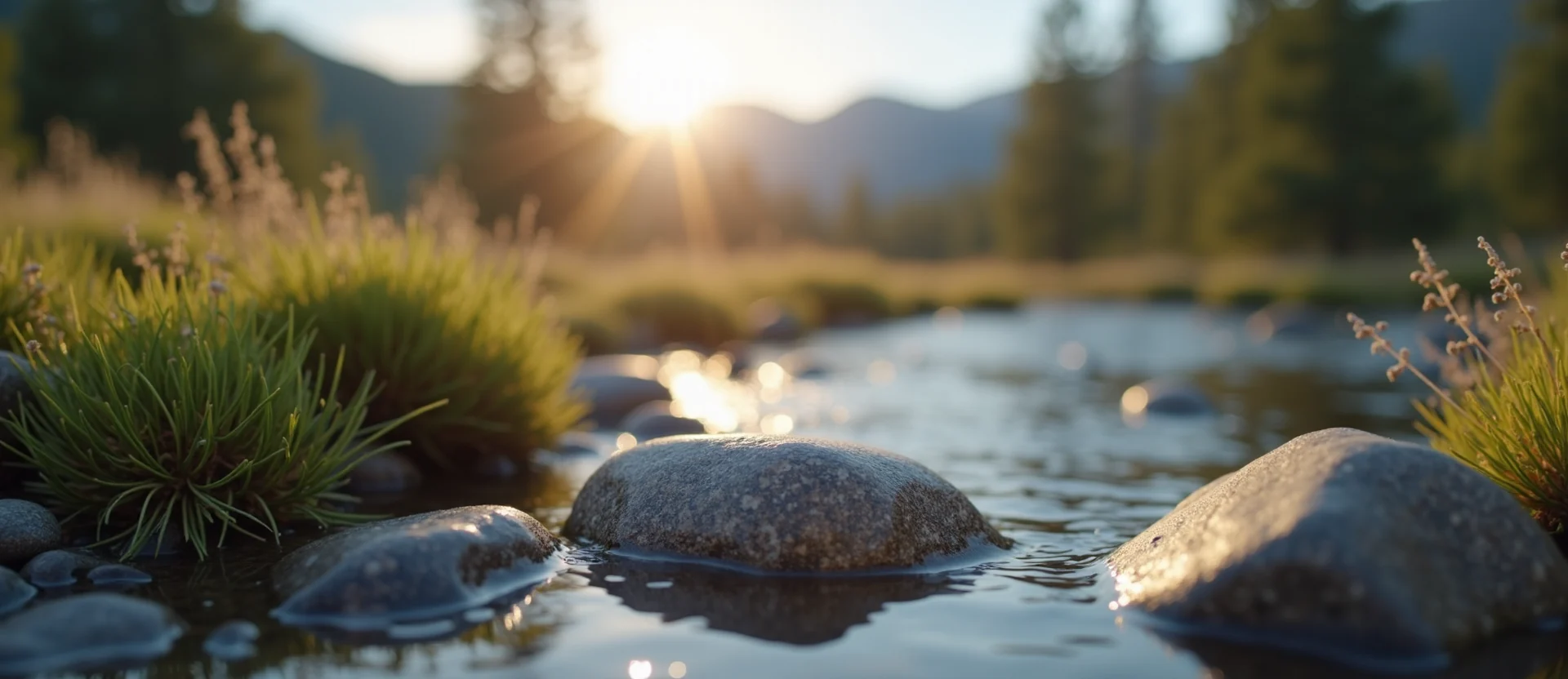 Symbolizing Flow/Cleansing: A local Rabbitbrush smooth Truckee river stones. - AI Generated