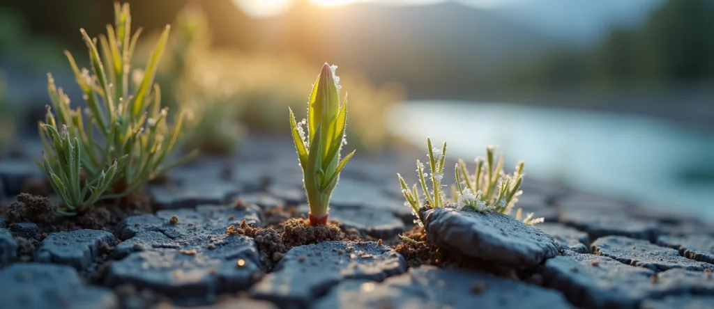 Symbolizing Seed/New Beginning: A local Indian Paintbrush shoot emerging from cracked soil. - AI Generated