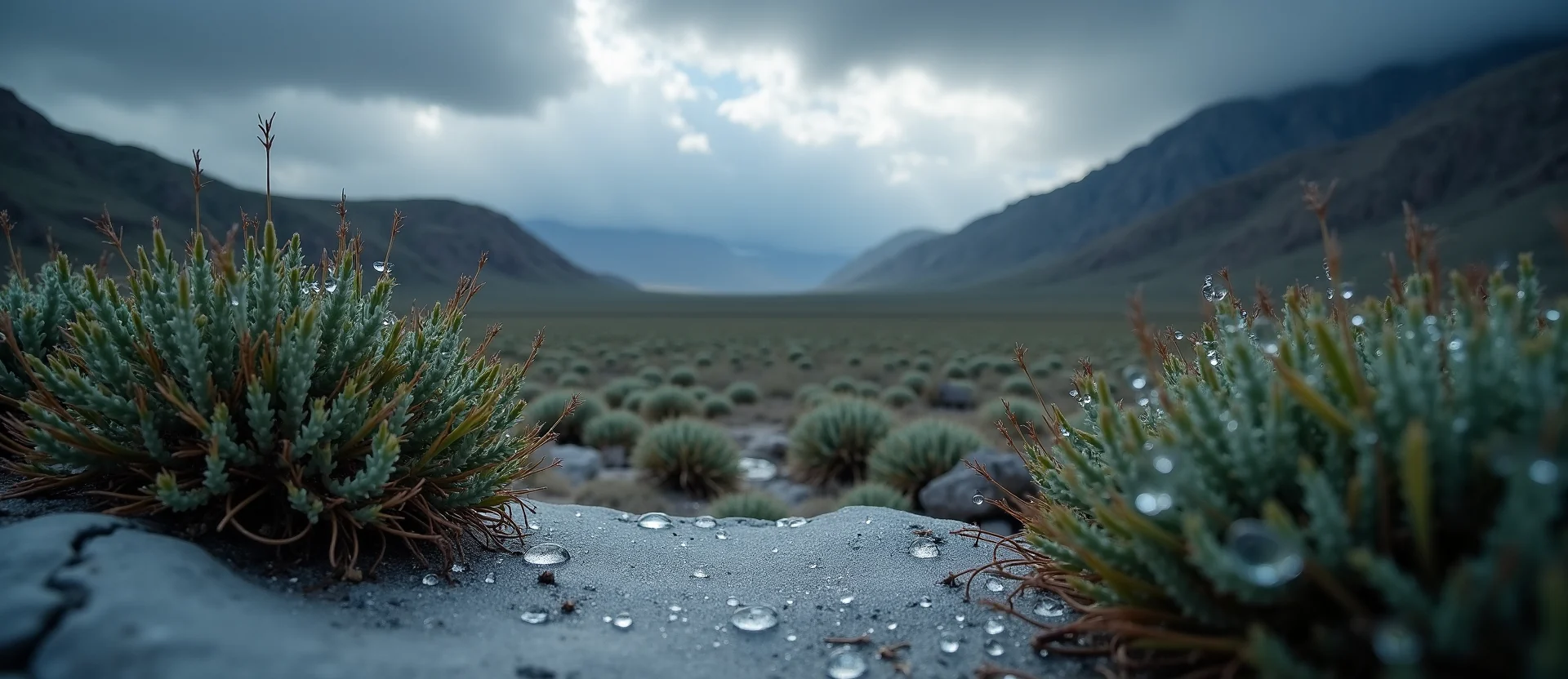 Symbolizing Flow/Cleansing: A local Bitterbrush raindrops on desert leaves. - AI Generated