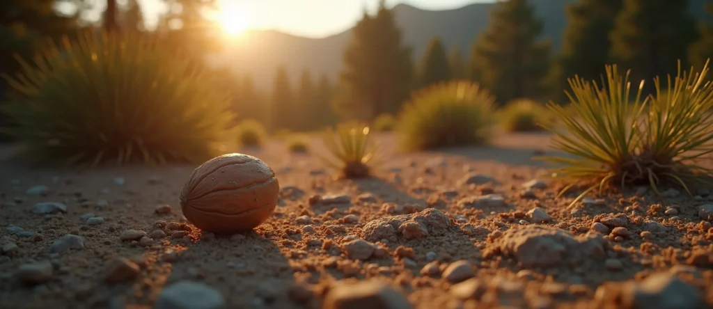 Symbolizing Seed/New Beginning: A local Ponderosa Pine single pine seed on dry earth. - AI Generated