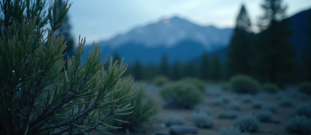 Symbolizing Flow/Cleansing: A local Ponderosa Pine raindrops on desert leaves. - AI Generated